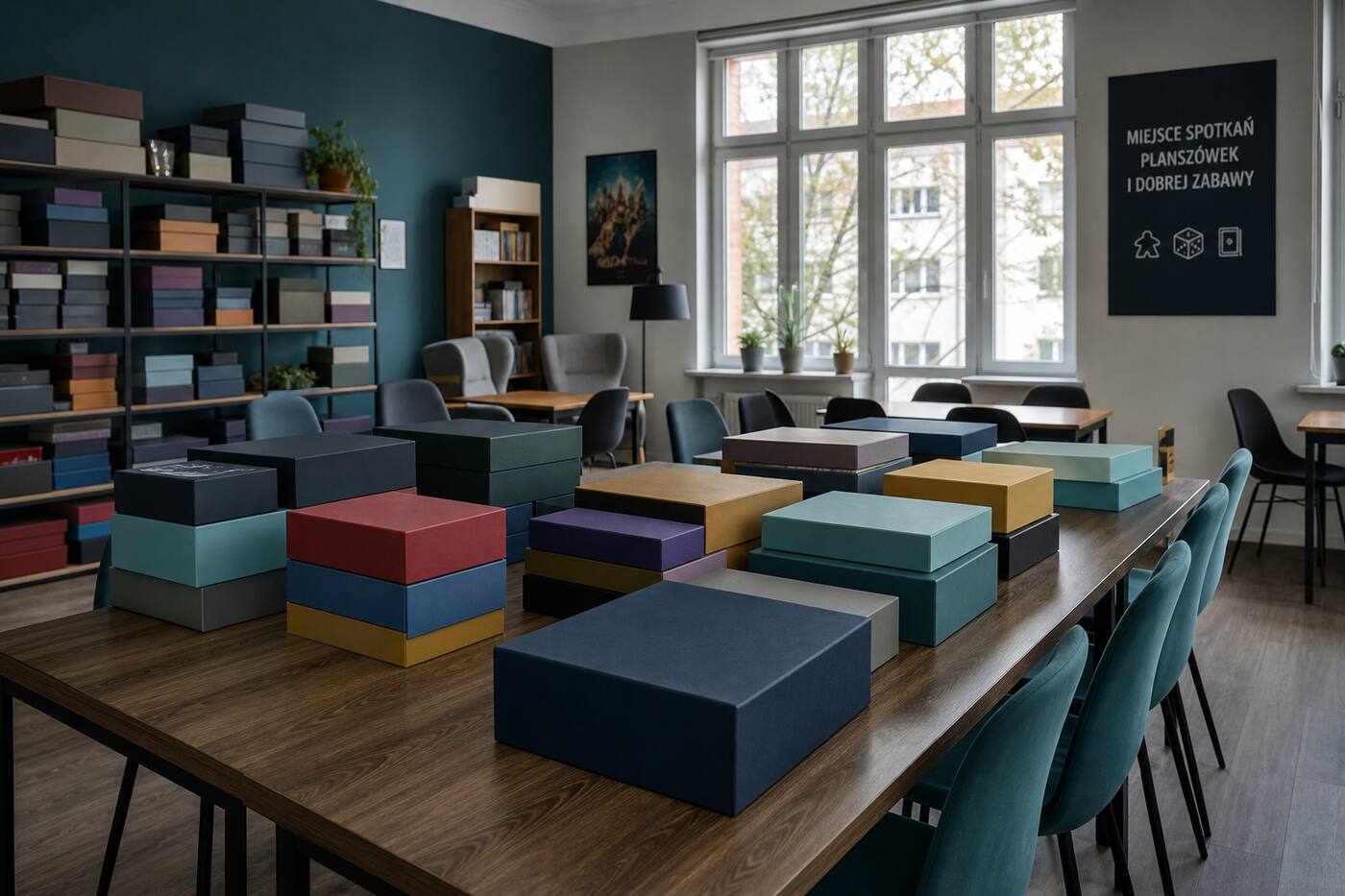 Sala klubowa z grami planszowymi przy oknie
